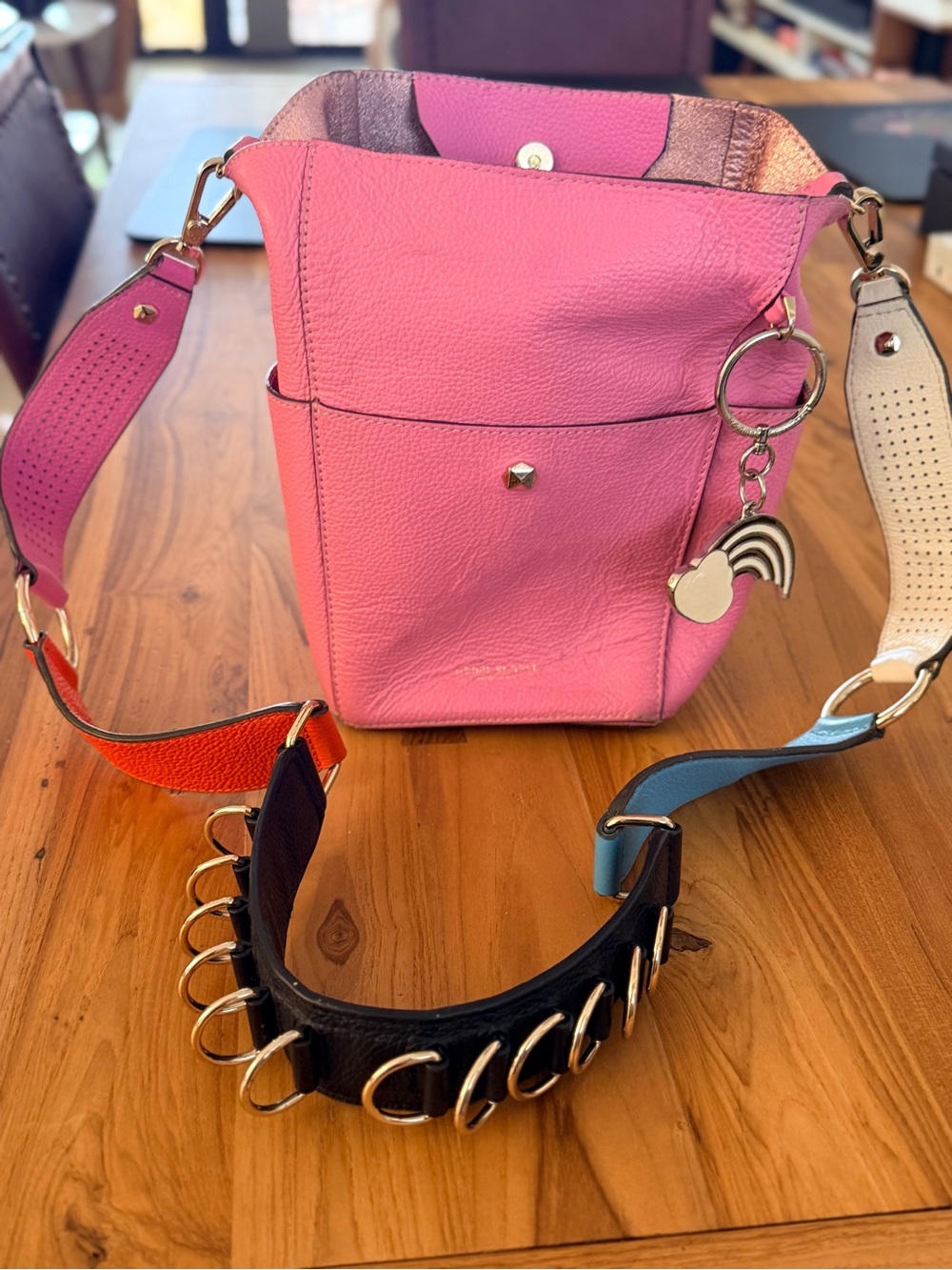 Mia Bag Italy Pink Leather Bucket Bag w/ 2 Straps Rainbow Charm